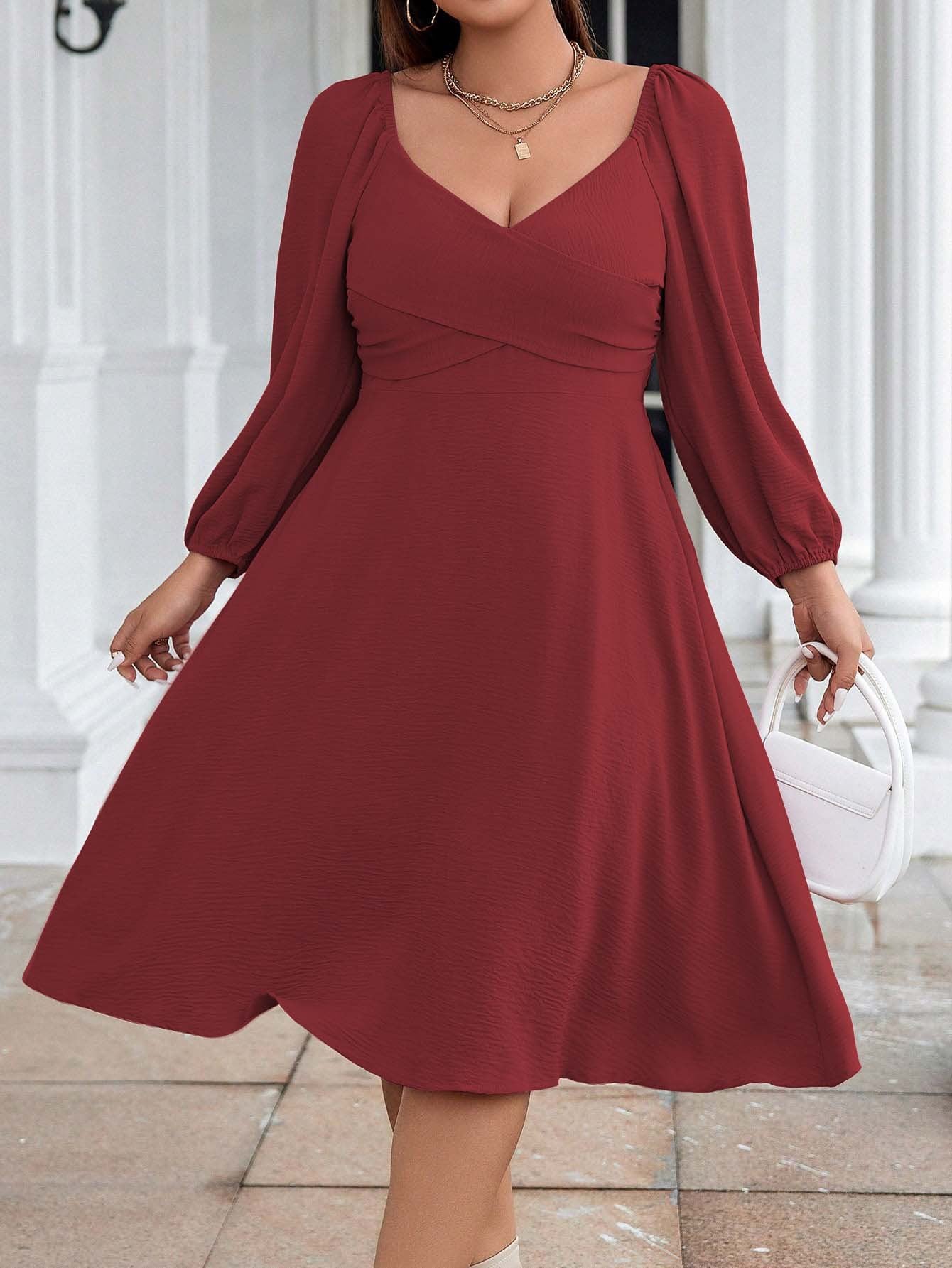 Plus Size Women Elegant Red Dress Autumn Winter V Neck Long Sleeve Mid Length Dress - Wild Amber Fashion