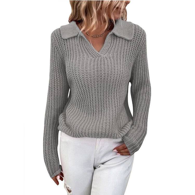 Women's Slim Fit Long Sleeve Polo Collar Knitted Sweater for Fall/Winter  S Gray 