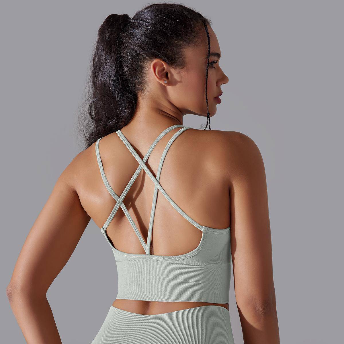 Seamless Cross Beauty Back Yoga Set for Women  S Cross Bra-Light Gray 