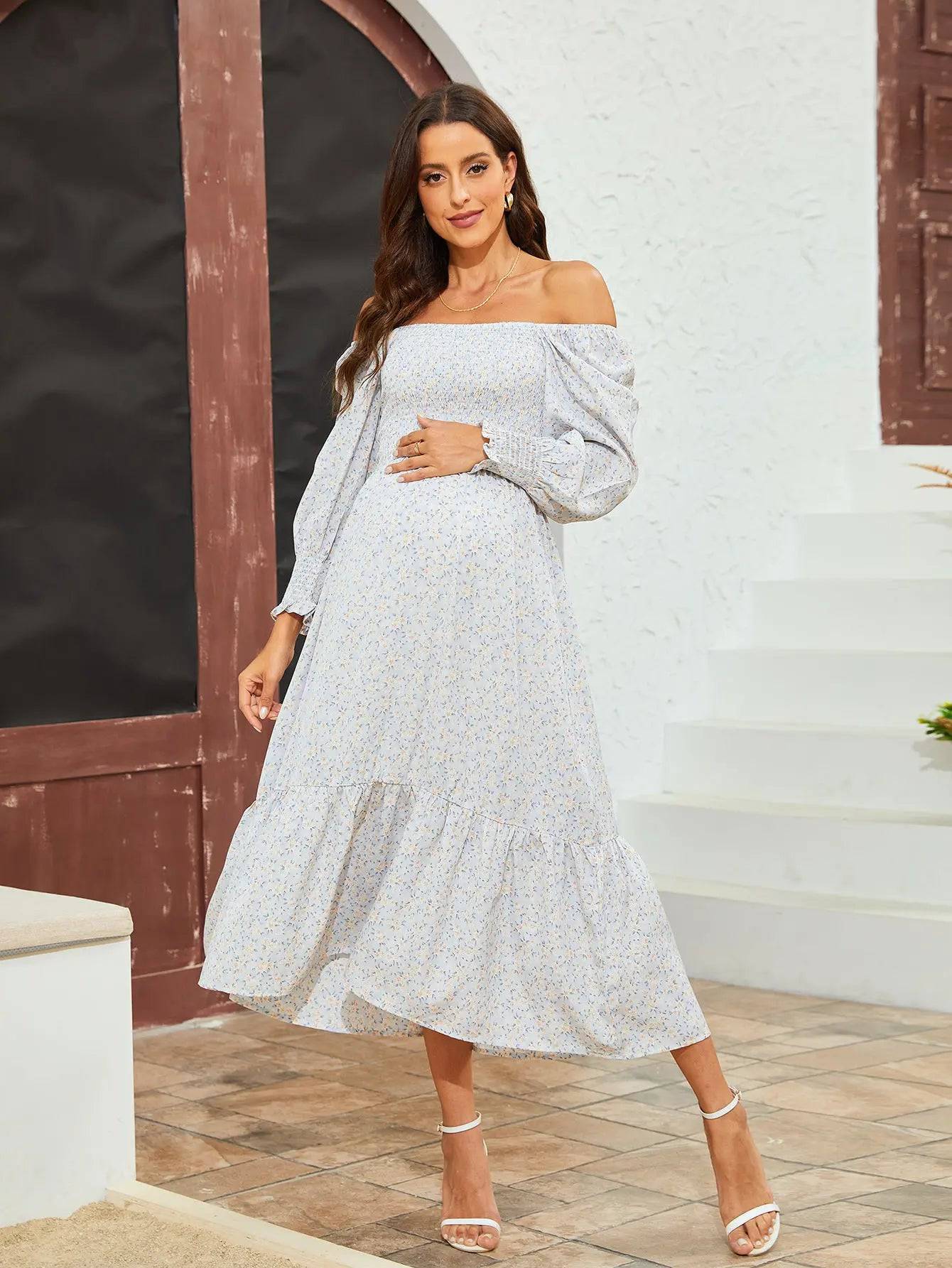 Floral Maxi Dress with Bell Sleeves for Women in Chiffon  S Light blue small pattern 