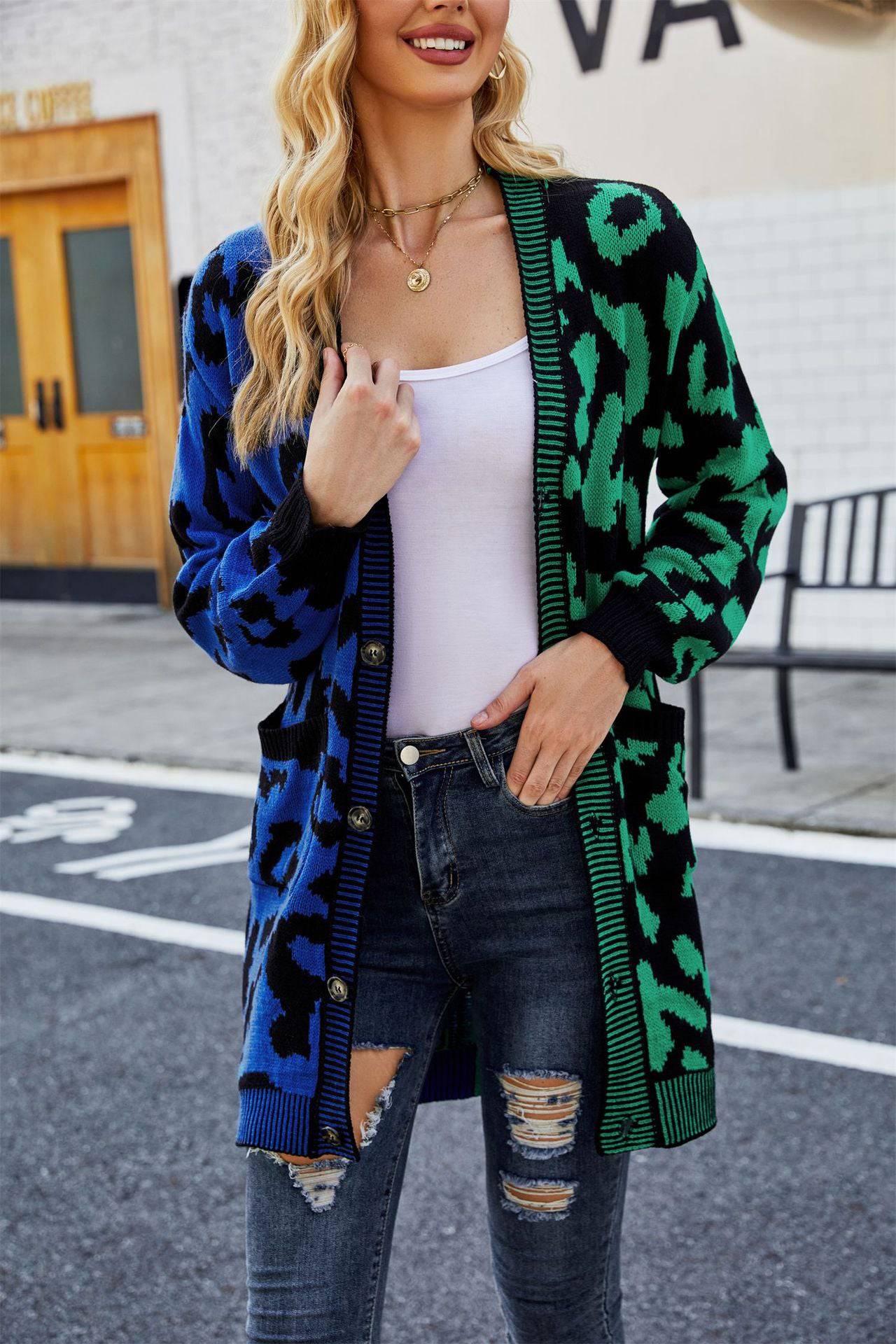 Leopard Print Sweater Cardigan - Stylish Mid-Length Coat for Women's Autumn and Winter  S Green 