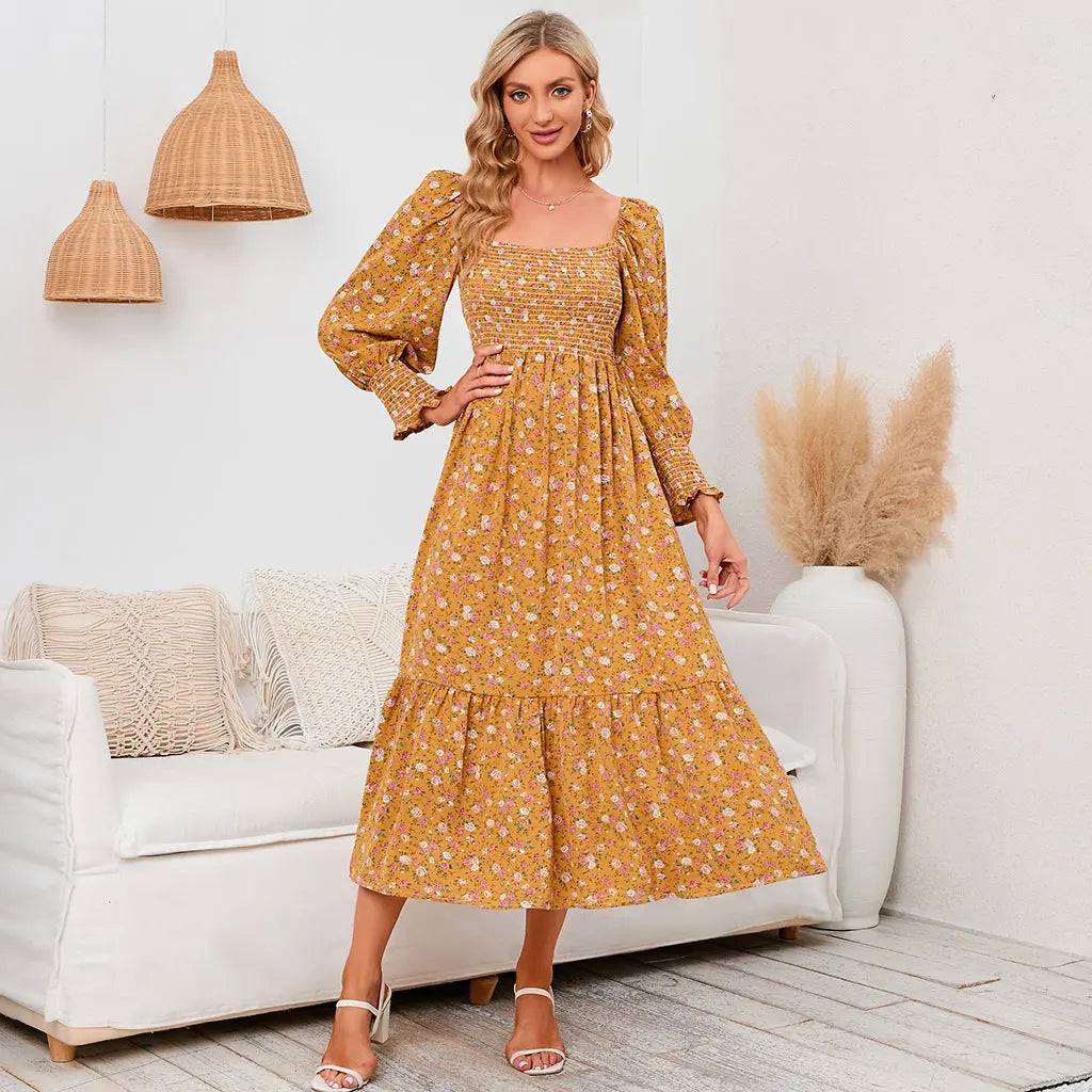 Elegant Spring Floral Chiffon Maxi Dress with Long Sleeves  S Yellow 