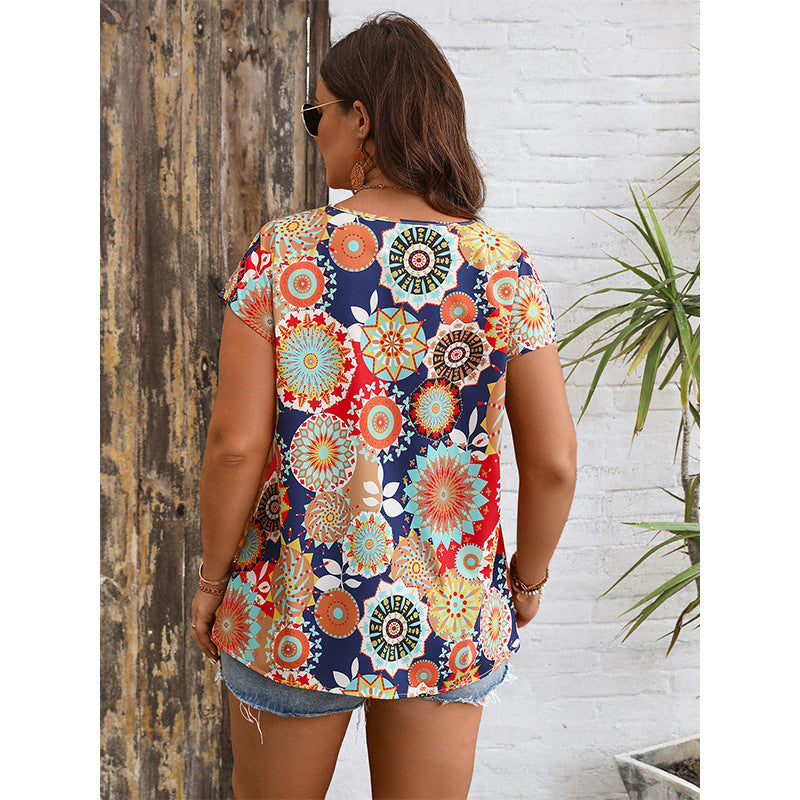 Summer Vacation Casual Women Shirt V neck Pullover Print Shirt Women - Wild Amber Fashion