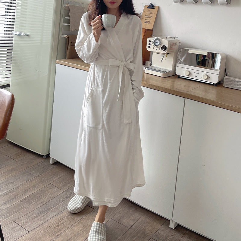 Korean Placket Nightgown Women's Design Autumn Winter Cotton Towel Material Warm Skin Friendly Cardigan Loose Pajamas  One Size White 