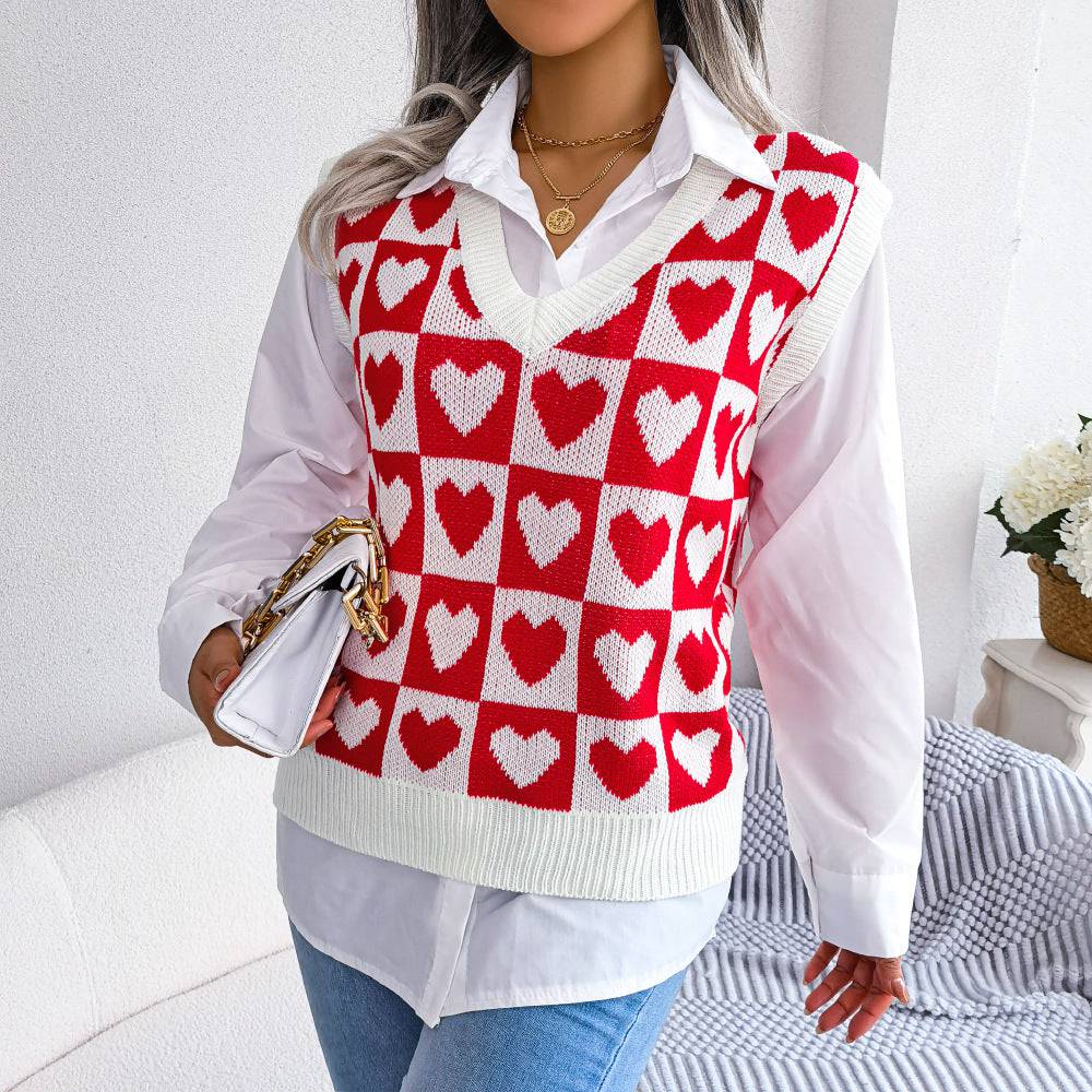 Heart Pattern Knitted Vest Sweater for Women Cozy and Stylish  S Red 