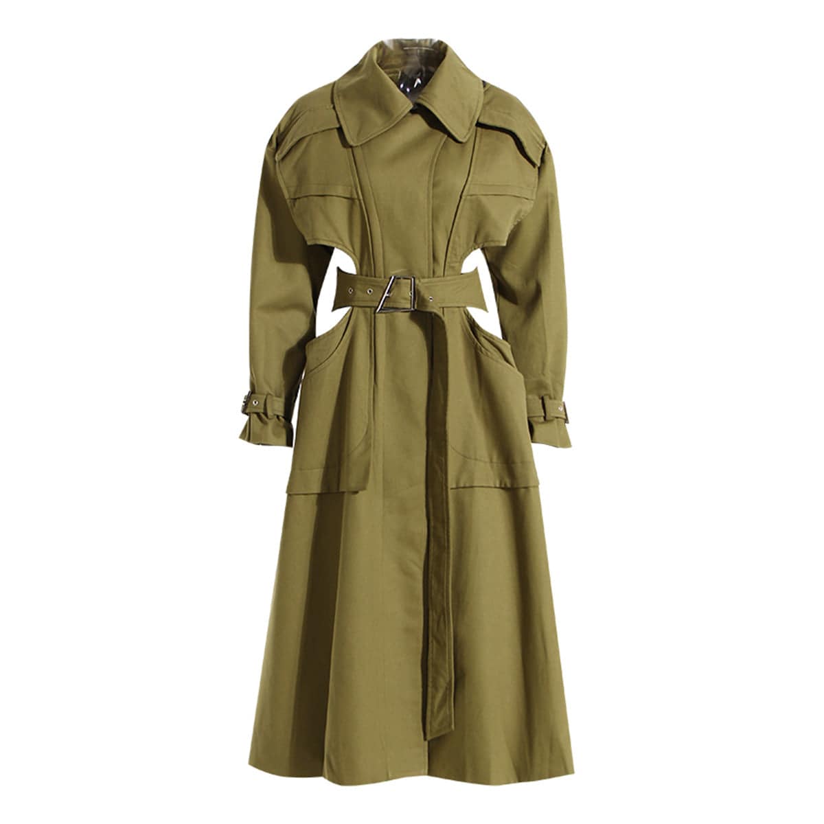 Elevated Spring/Autumn Long Trench Coat with Cutout Design  S Army Green 