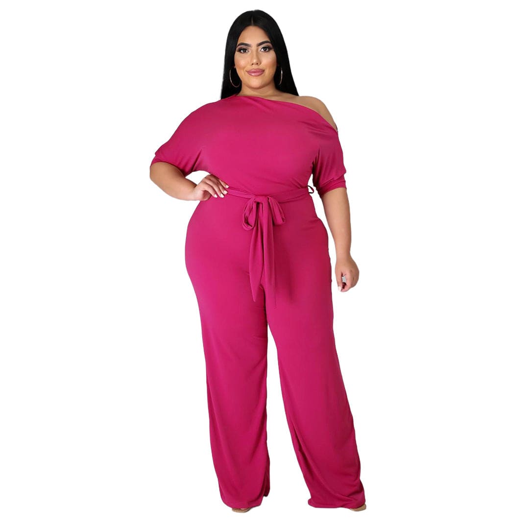 Trendy Plus Size Lace-Up Horn Jumpsuit for Women with Oblique Shoulder Design  XL Coral Red 