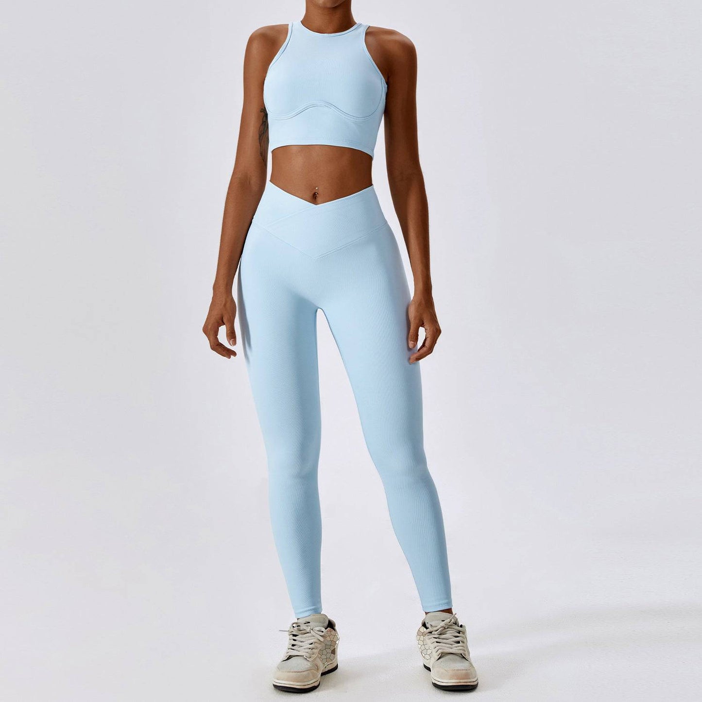 High-Rise Slim Fit Quick Drying Yoga Suit with Lace-Up Detail and Cutout Design  S -2 Bra Trousers Sky Blue 