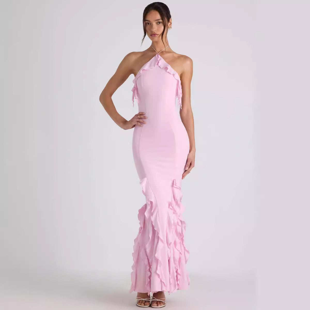 Women Summer Sexy Halter Backless Sheath Ruffled Pleated Drape Evening Dress Maxi Dress - Wild Amber Fashion