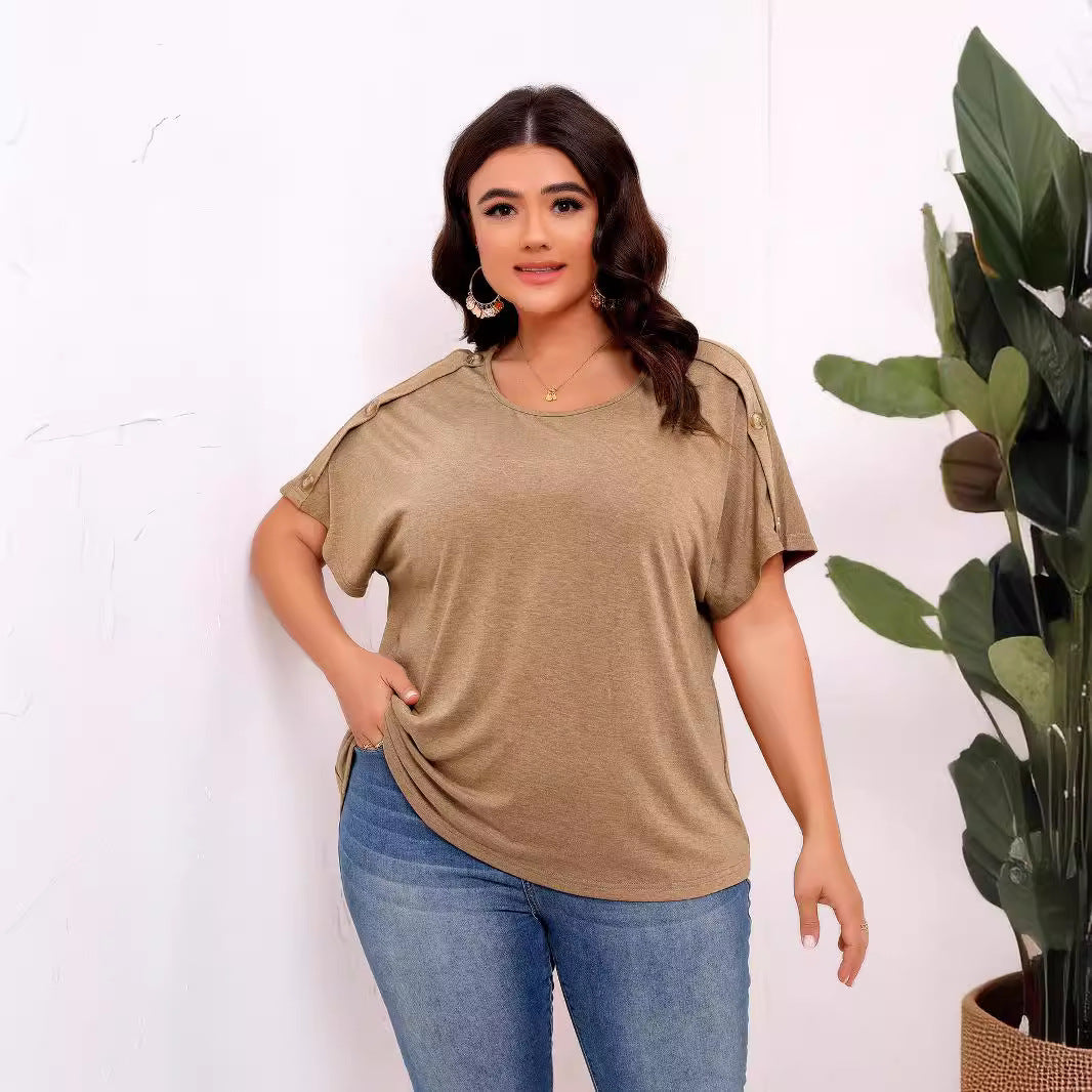 Plus Size Fastener Decoration Short-Sleeved T shirt for Women Casual Office Three Quarter Sleeve Top for Women - Wild Amber Fashion