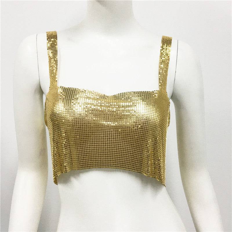 Seductive Metal Sequin Crop Top for Glamorous Nights Out  One Size Gold 