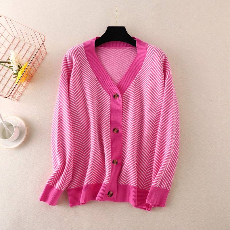 V-Neck Striped Sweater Jacket for Women  One Size Coral Red 