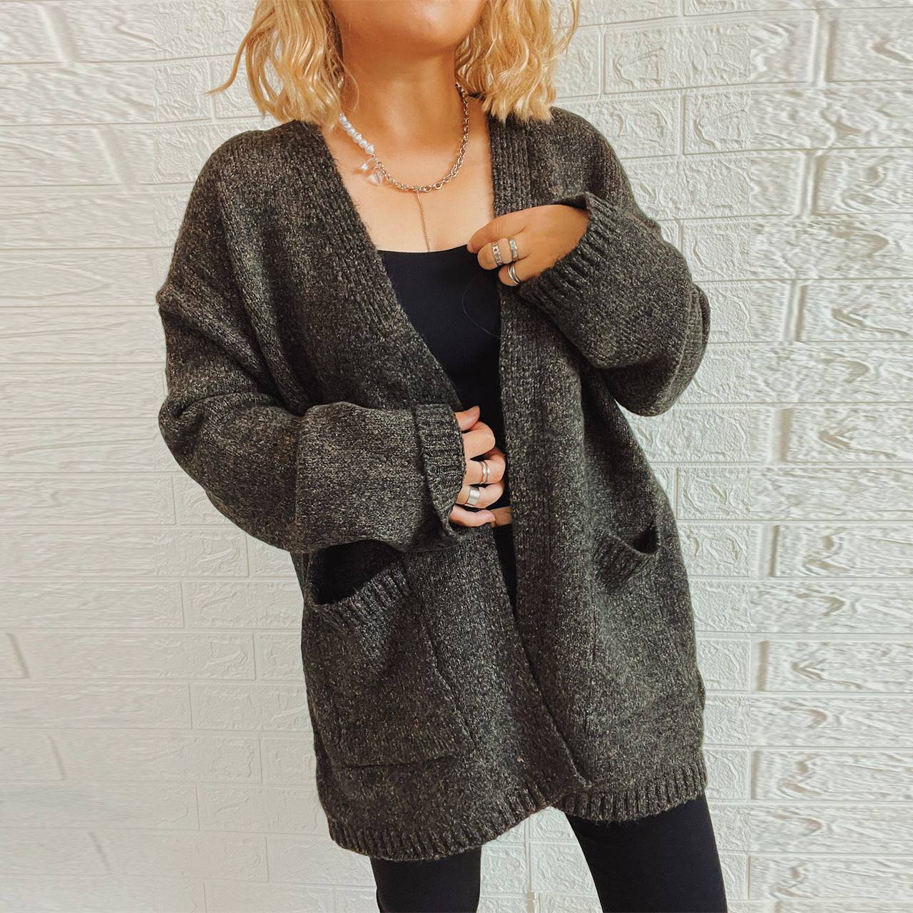 V-Neck Knitted Sweater Coat with Large Pockets for Women's Autumn/Winter Casual Wear  S Dark Grey 