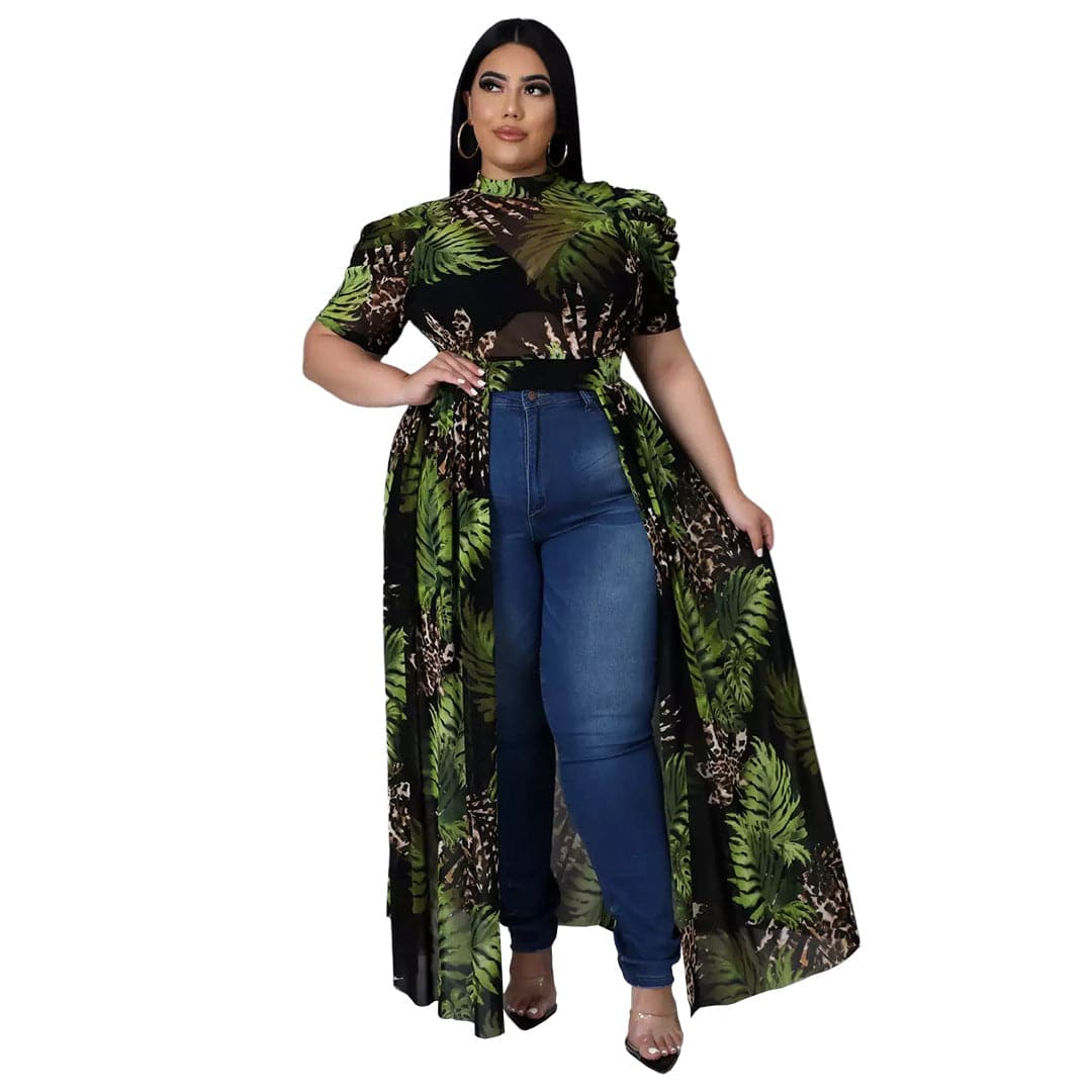 Oversized Sleeves Mesh Hollow Out Cutout Dress Top for Plus Size Women Nightclub Uniforms  XL Green 