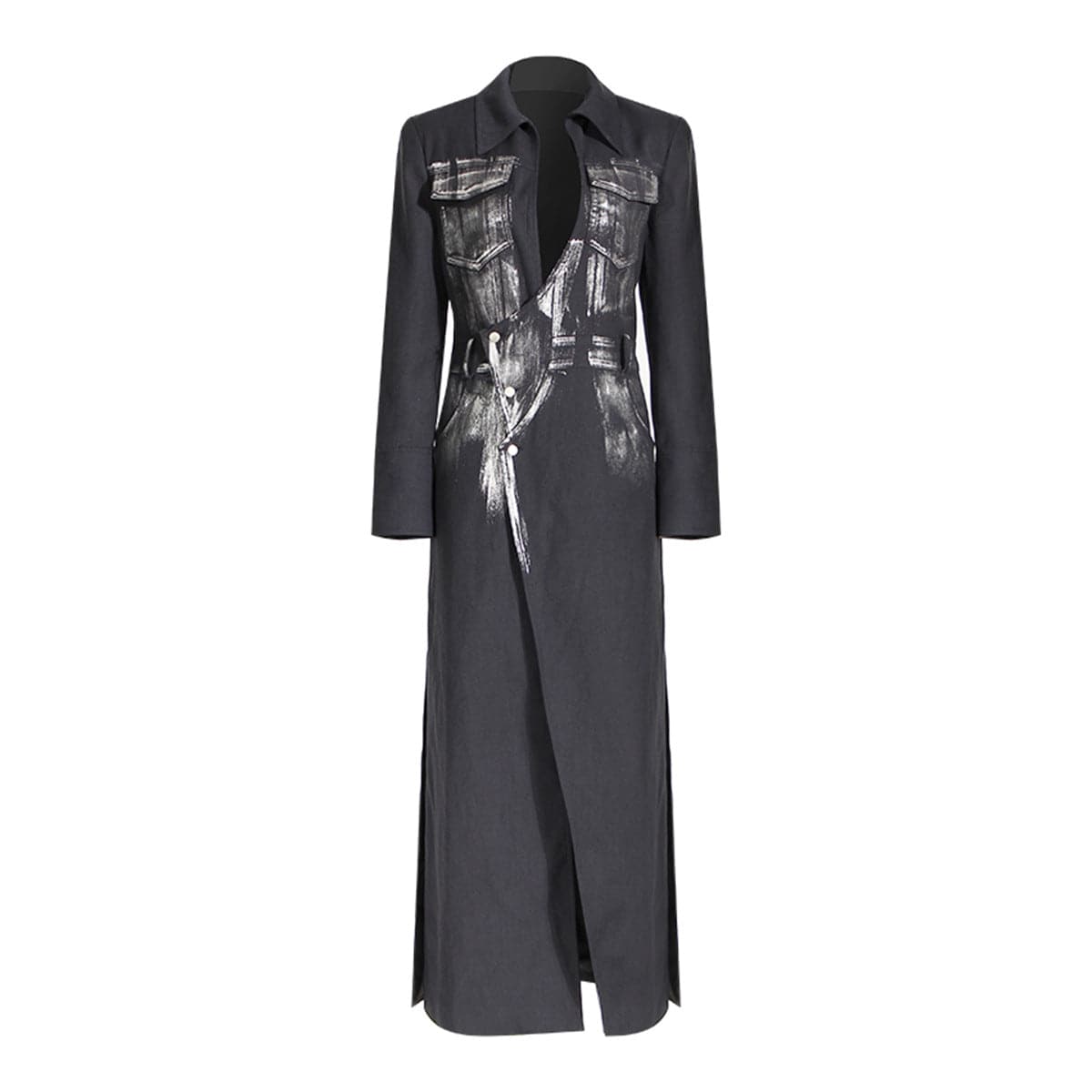 Niche Design Trench Coat Women Handmade Metal Silver Brush Color Rock Artist Super Long Blazer  S Black 