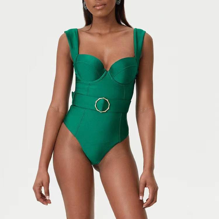 Sexy Boho Summer One Piece Swimsuit with Asymmetric Skirt Detail  S Green Two-Shoulder One-Piece Swimsuit 