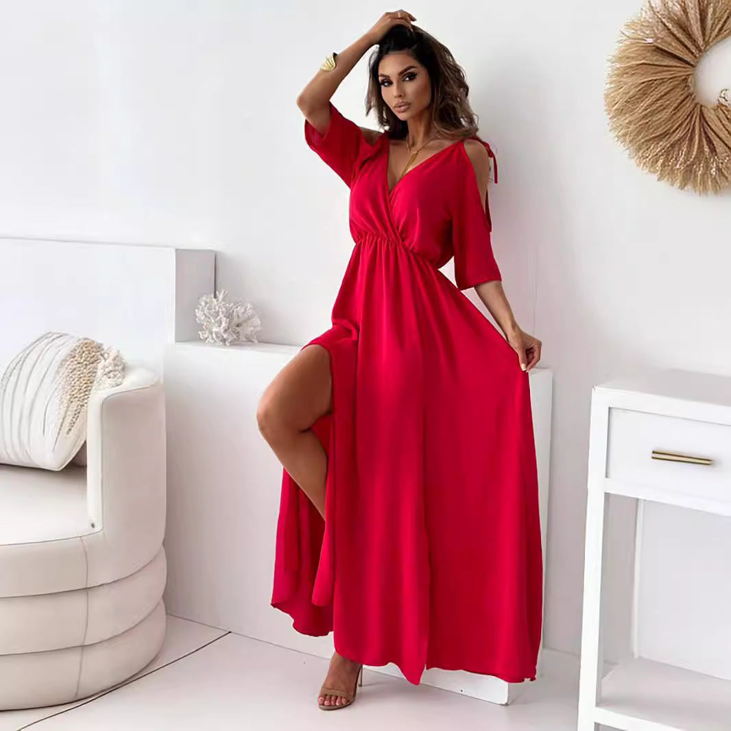 Women Clothing Solid Color Sexy Sling Half Sleeve Mid Length Dress - Wild Amber Fashion