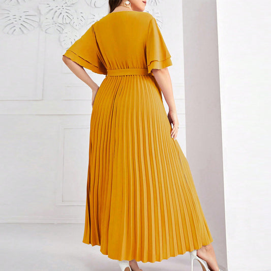 Plus Size Summer Square Collar Large Swing Dress Elegant Short Sleeve Lace up Slimming Pleated Dress - Wild Amber Fashion