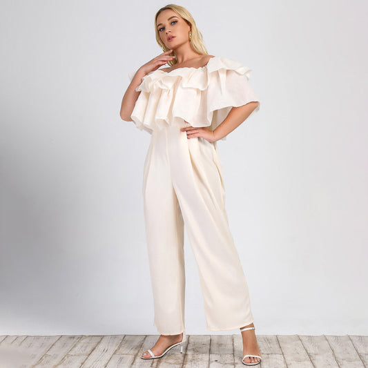 Plus Size Women Clothing Summer New Lotus Edge off-Shoulder Solid Straight-Leg Office Casual Pants Jumpsuit - Wild Amber Fashion