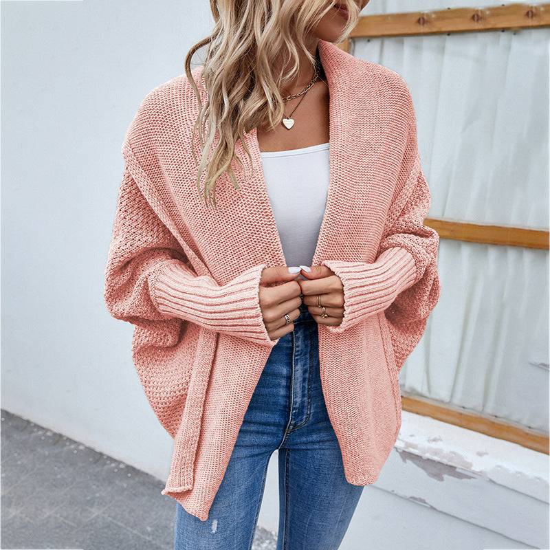 Women's Loose-Fit Knitted Batwing Sleeve Cardigan Coat  L Pink 