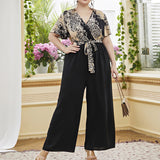 V neck Jumpsuit Vintage Pattern Stitching Printing Lace up Waist Straight Loose High Waist Jumpsuit Wide Leg Pants - Wild Amber Fashion