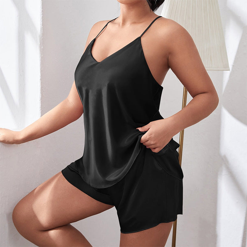 Seductive Plus Size Backless Strap Pajamas Set for Women - Imitation Silk Loungewear Suit  1XL Black 