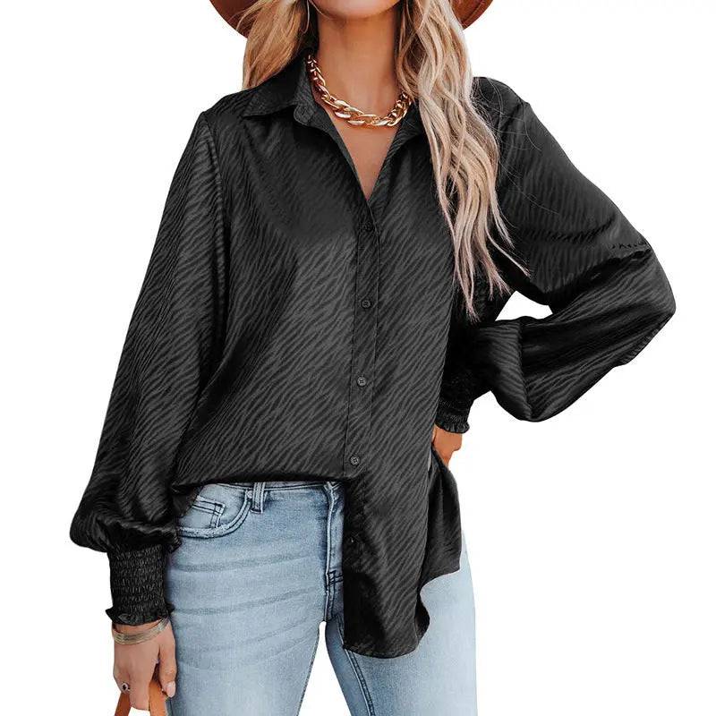 Zebra Pattern Collared Loose Top Lantern Sleeve Shirt for Women  S Black 