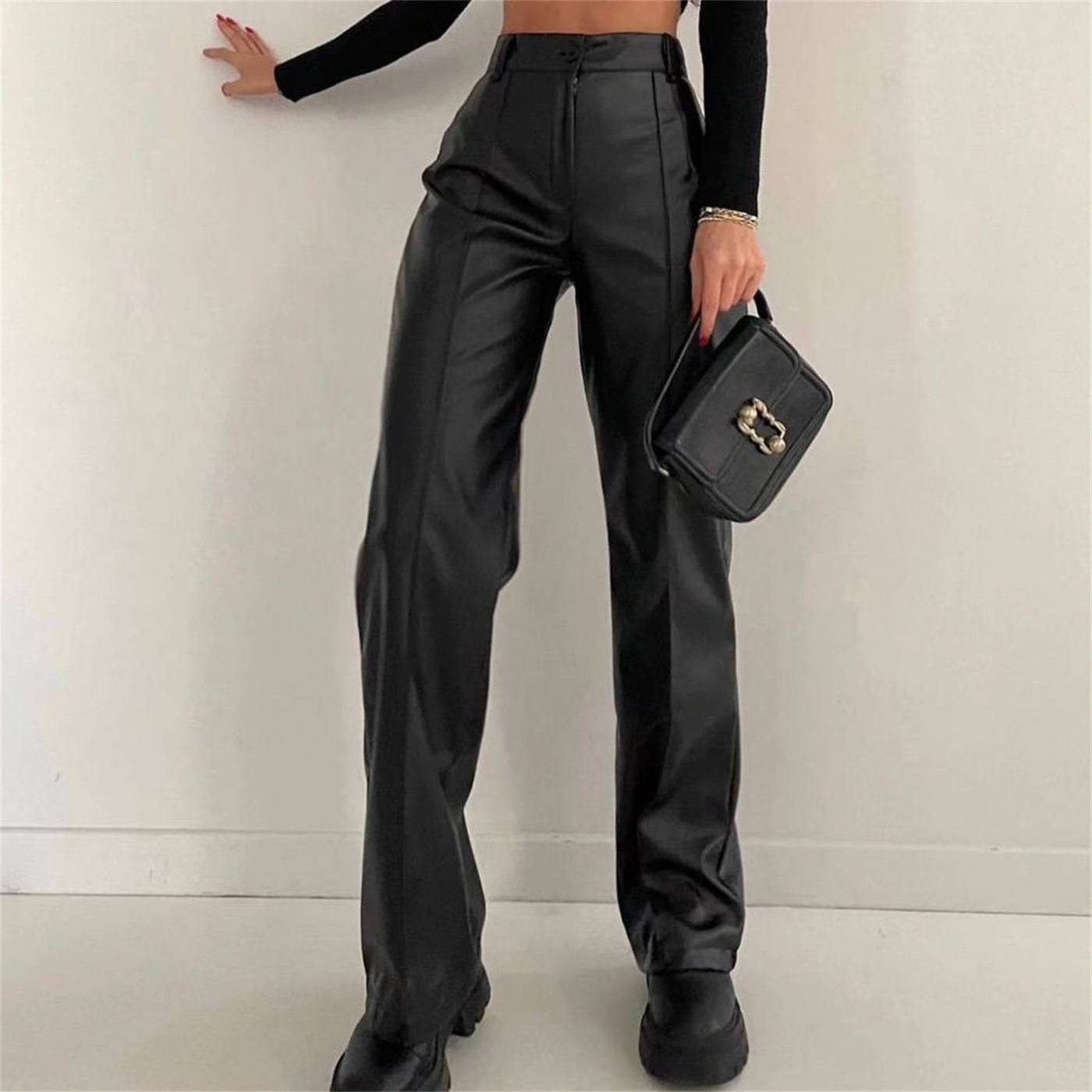 Stylish Women's High Rise Faux Leather Straight Leg Pants  S Black 