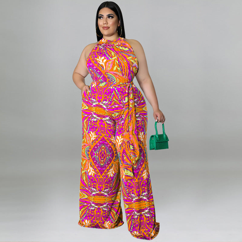 Plus Size Women Clothes Printing Collar Jumpsuit - Wild Amber Fashion