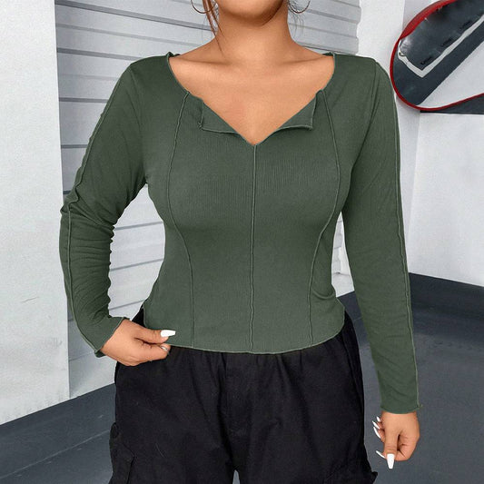 Plus Size Slim Fit V-Neck Long Sleeve T-Shirt for Women  1XL Army Green 