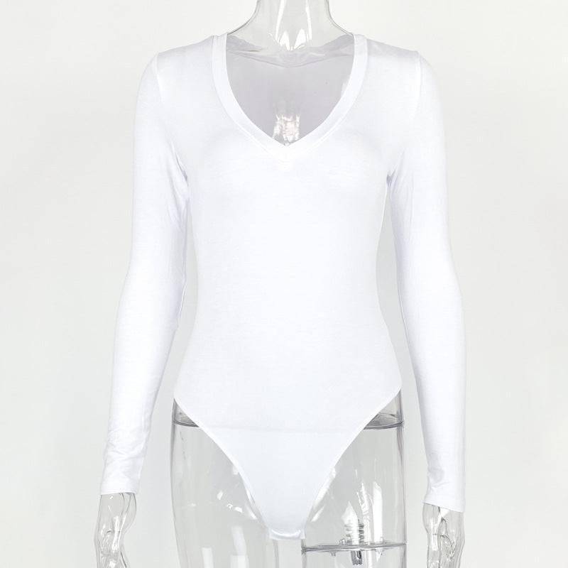 Flattering Long Sleeve V-Neck Bodysuit for Women  S White 