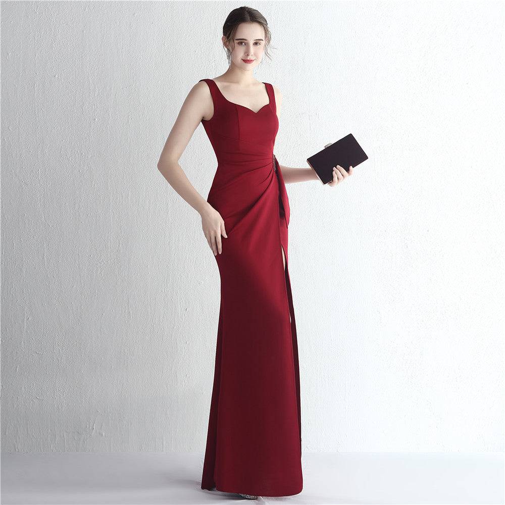 Sleek Satin Beaded Fishtail Dress for Formal Events and Special Occasions  S Burgundy 