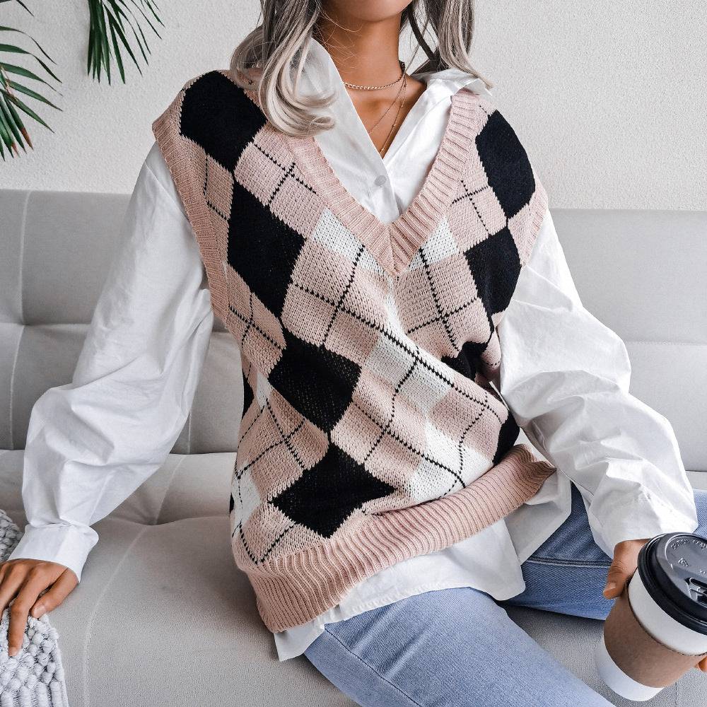 Stylish Rhombus V-Neck Knit Vest Sweater for Women  S Pink 