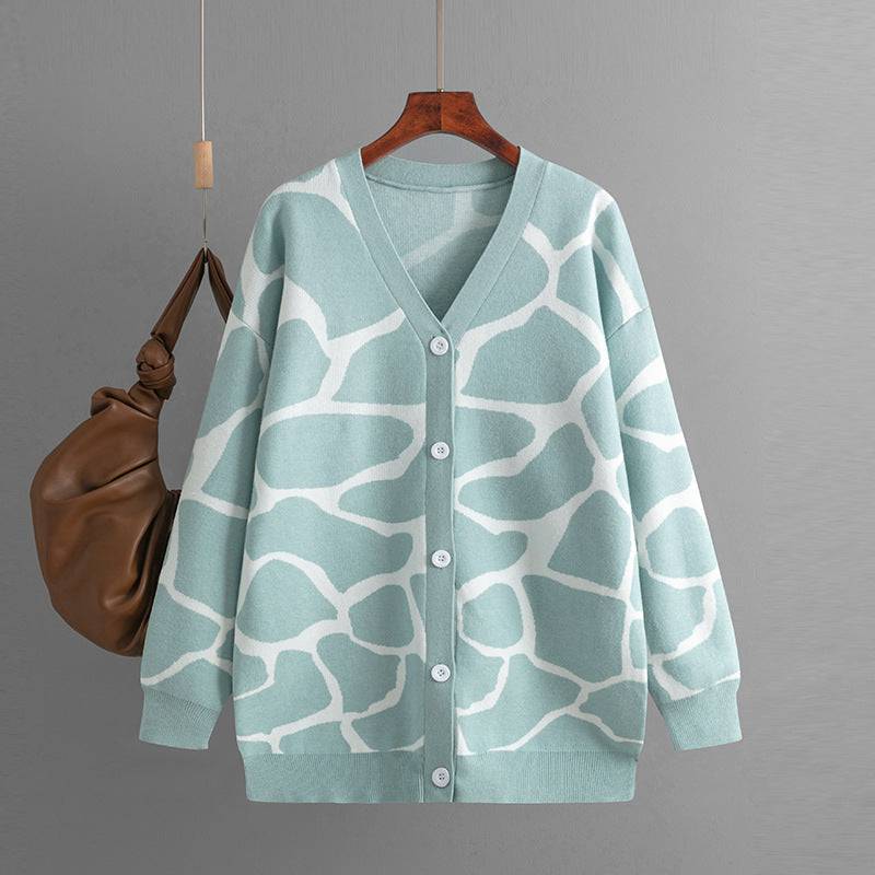 V-Neck Jacquard Sweater with Animal Print Pattern and Long Line Baggy Coat  One Size The blue-gray 