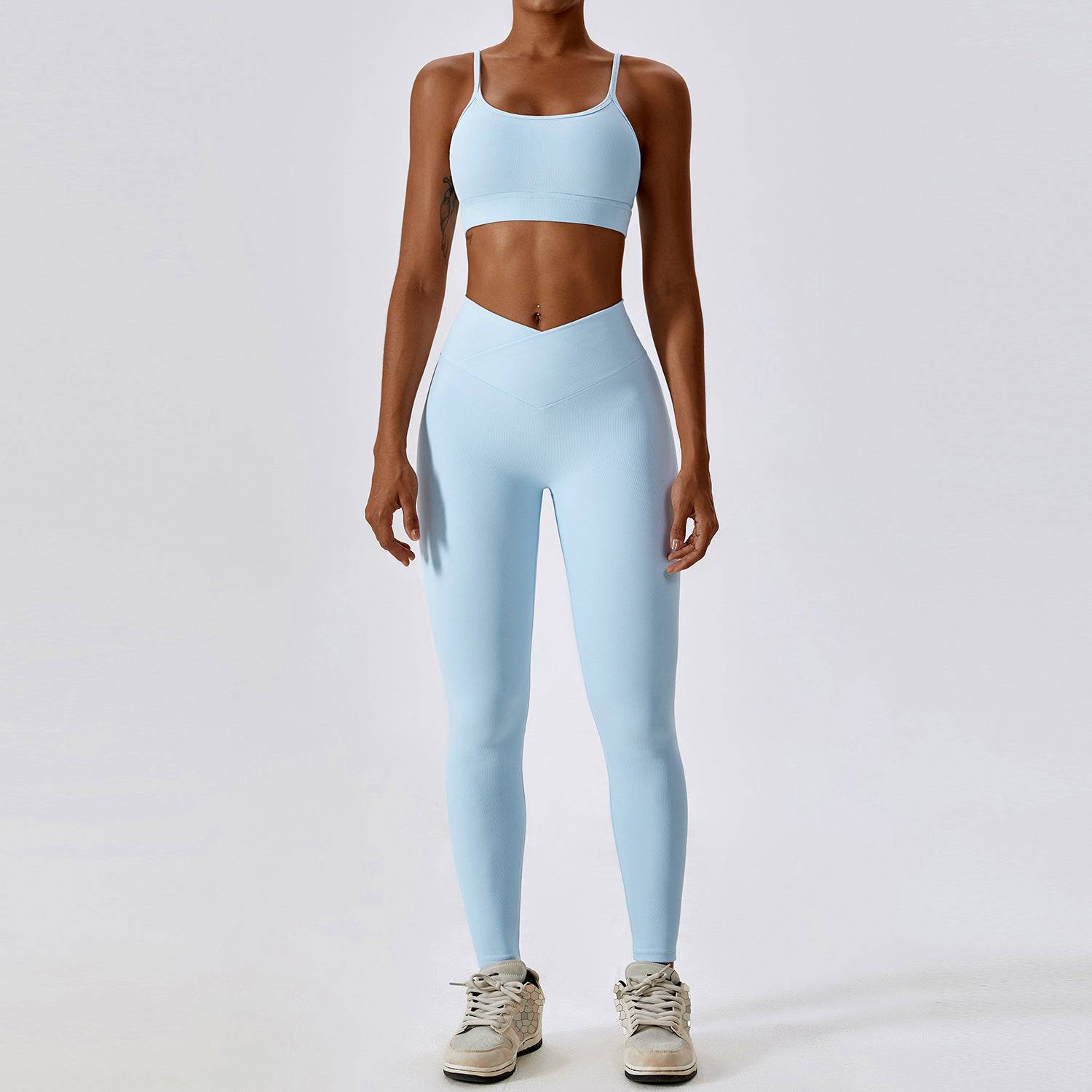 High-Rise Slim Fit Quick Drying Yoga Suit with Lace-Up Detail and Cutout Design  S -1 Bra Trousers Sky Blue 