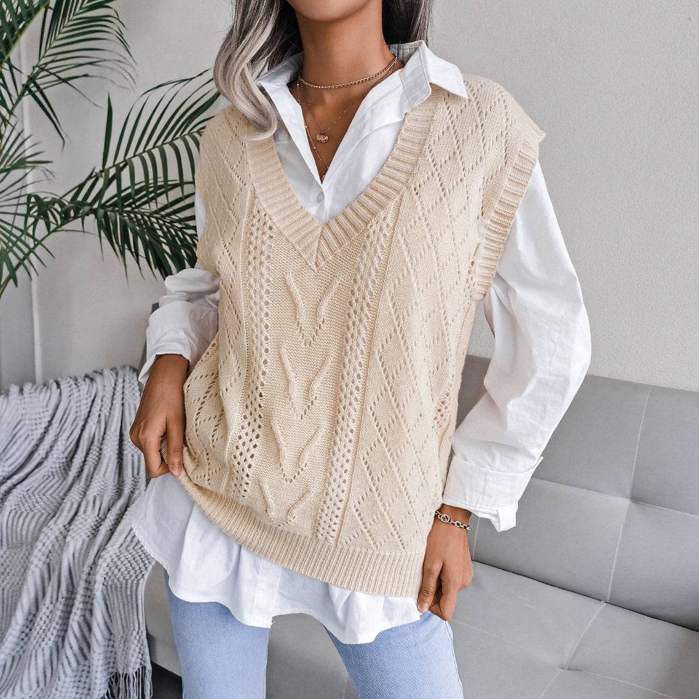 Twist V-Neck Knitted Vest Sweater for Women with Cutout Design  S Apricot 