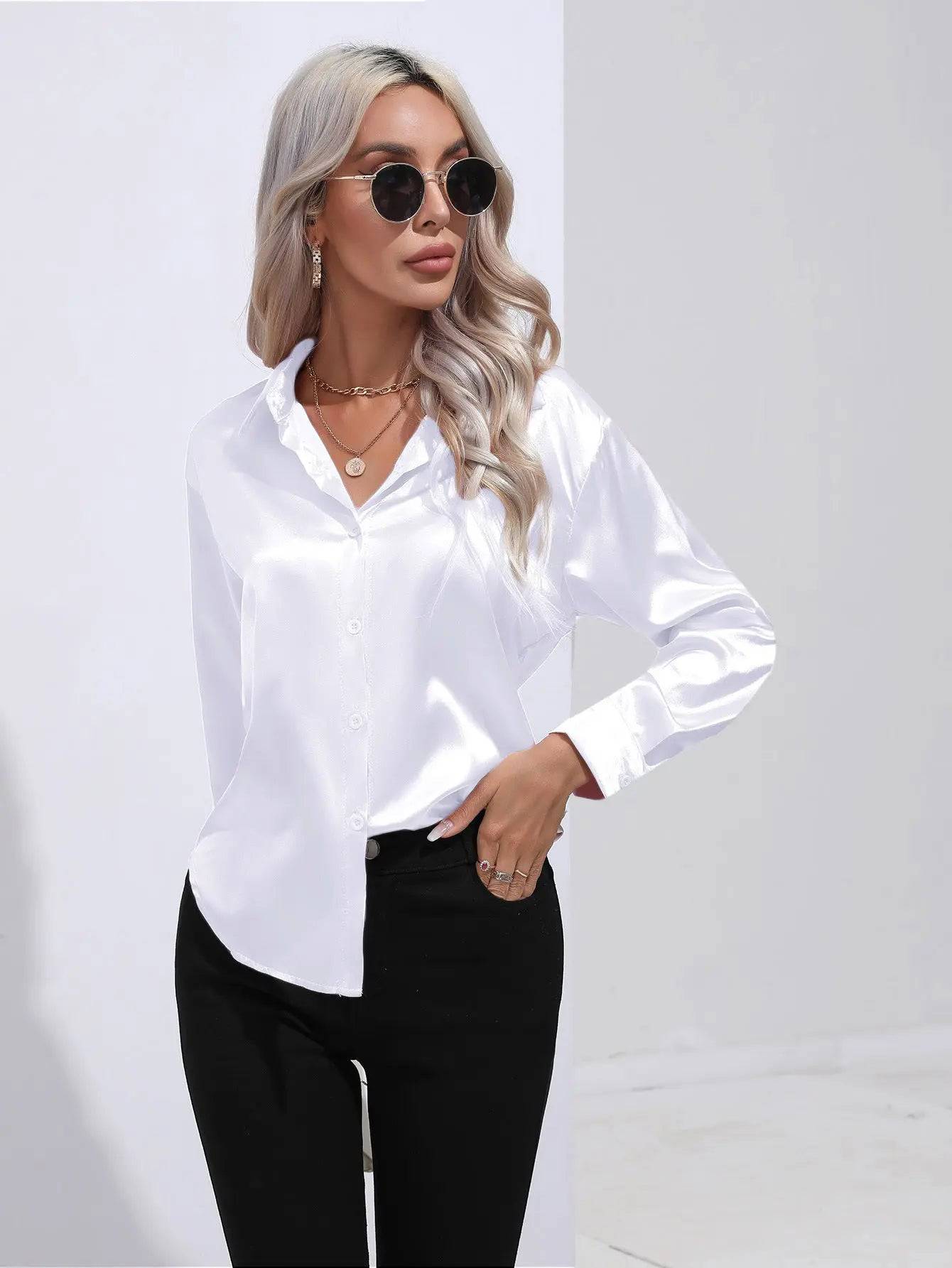 Elegant Satin Long Sleeve Shirt for Women - Spring/Summer Collection  S White 