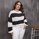 Plus Size Top Women Woven Sweater Women Clothes Contrast Color Striped Color Pullover Sweater - Wild Amber Fashion