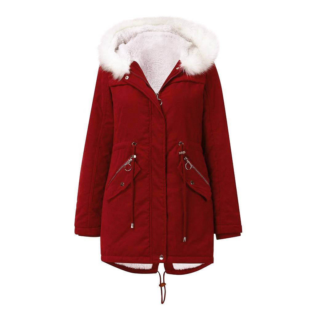 White Fur Collar Parka: Women's Mid-Length Hooded Winter Coat with Cotton Padding  M Red 