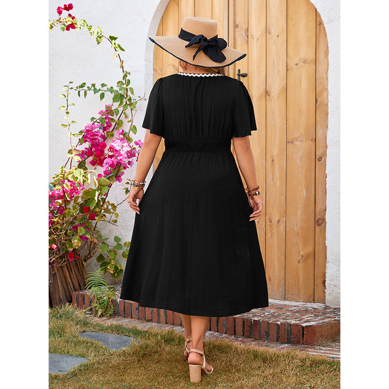 Plus Size Loose V neck Dress Elegant Ruffle Sleeve Black Dress for Women - Wild Amber Fashion