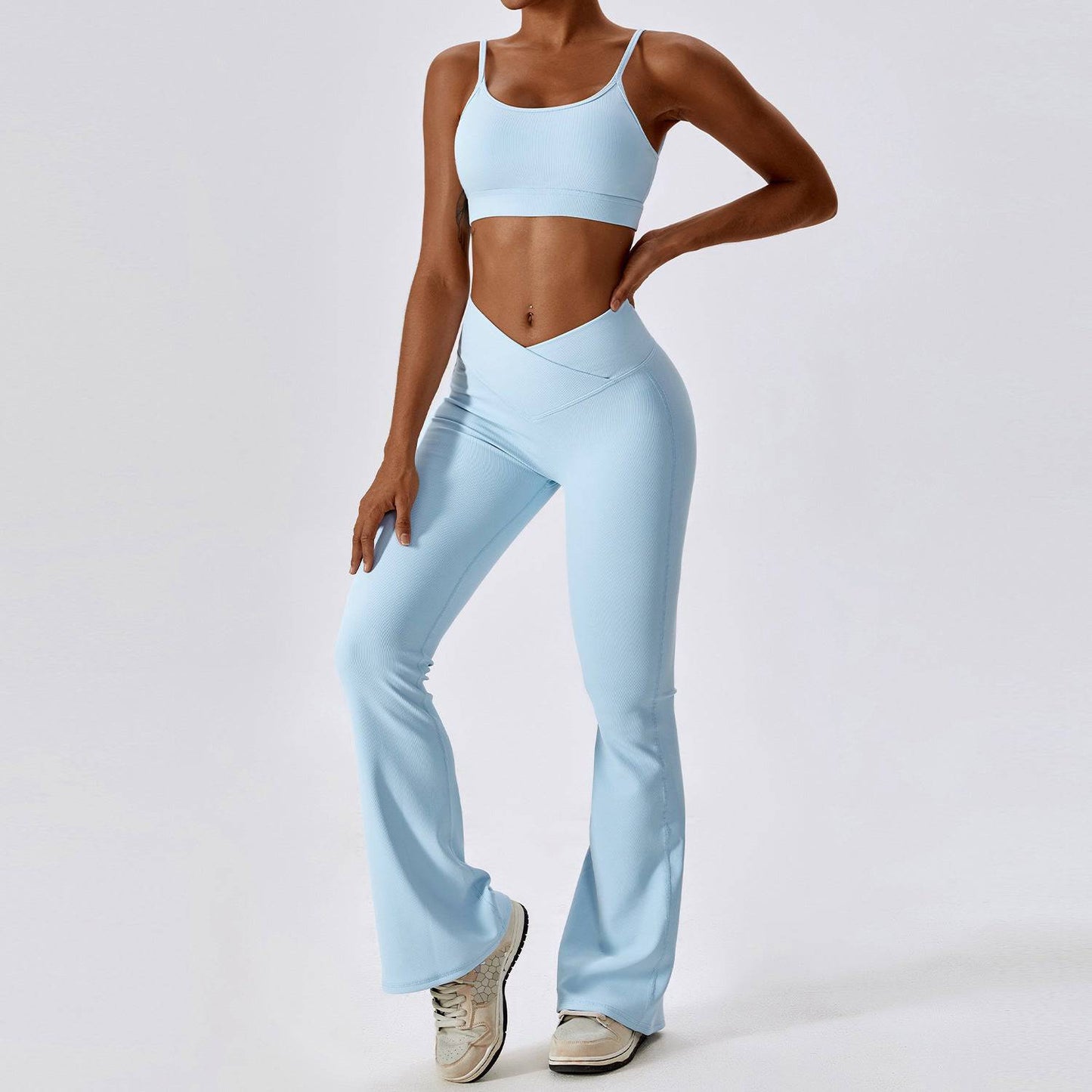 High-Rise Slim Fit Quick Drying Yoga Suit with Lace-Up Detail and Cutout Design  S -1 Bra Bell-Bottom Pants Sky Blue 