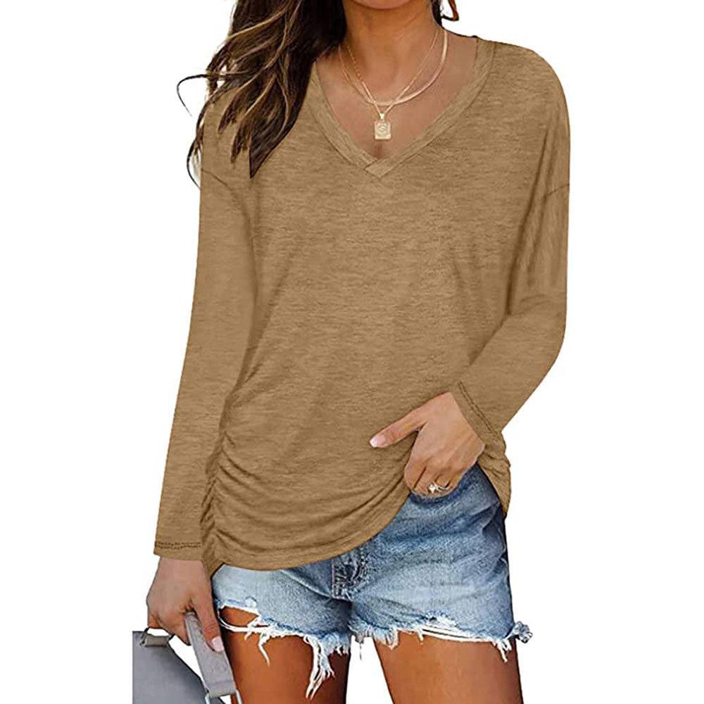 Elegant V-Neck Long-Sleeved T-Shirt with Pleating  S Khaki 