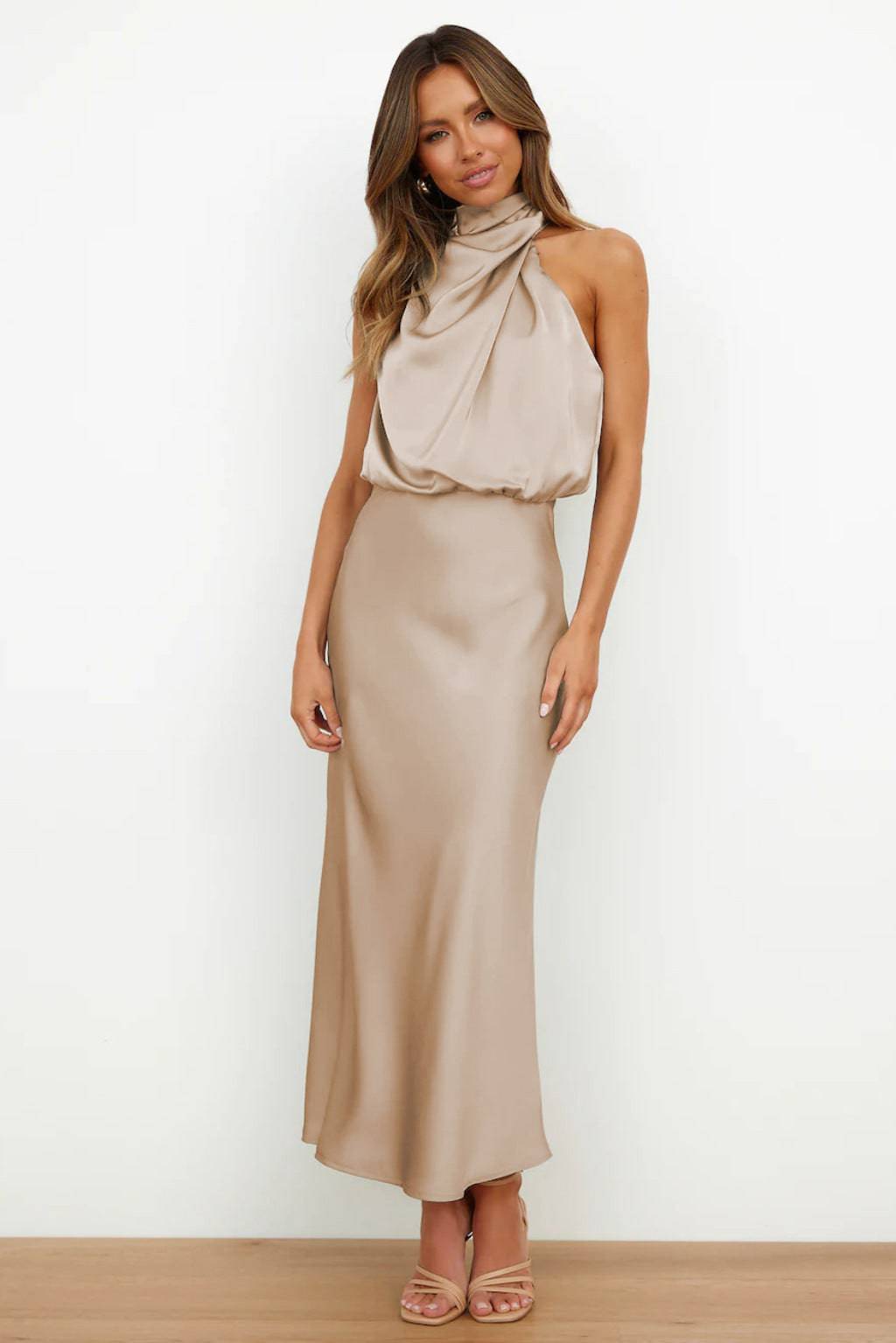 Elegant High Grade Satin Sleeveless Maxi Dress with Mock Neck  S Apricot 