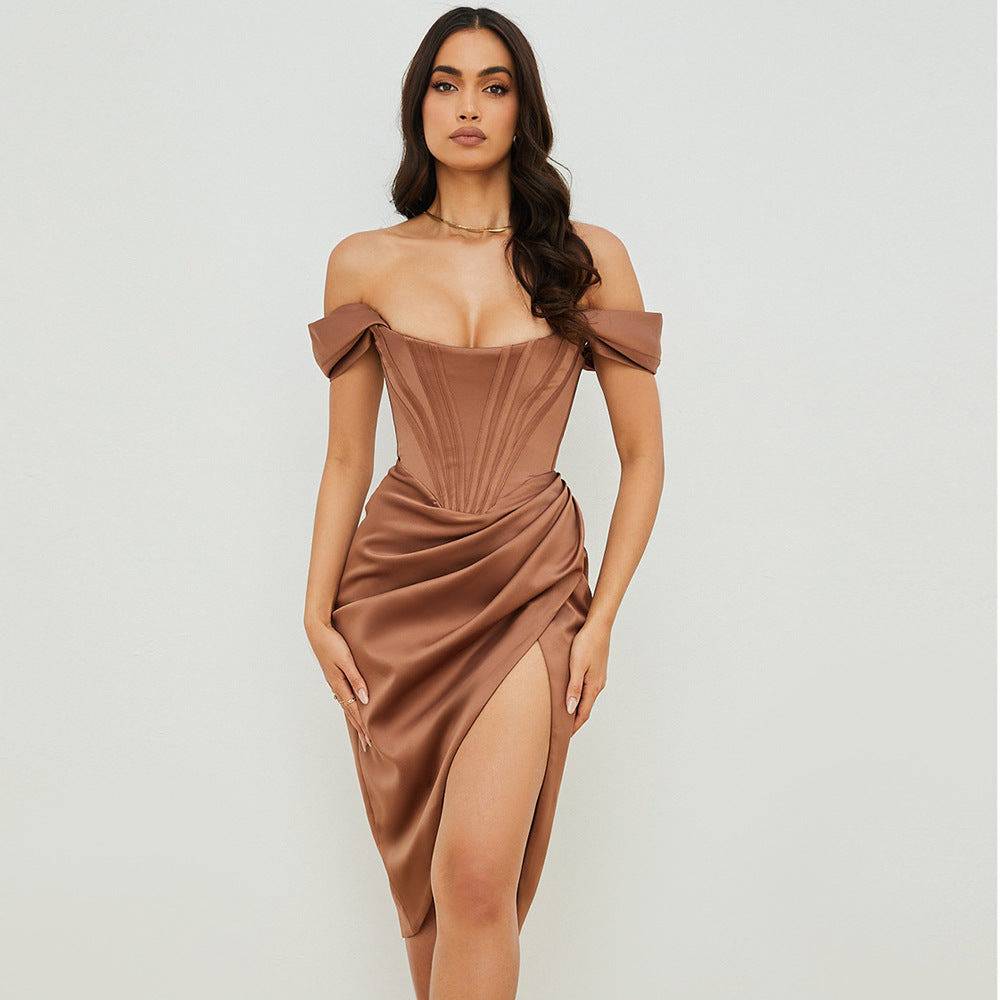 Sultry Off-Shoulder High-Low Bodycon Party Dress  S Brown 