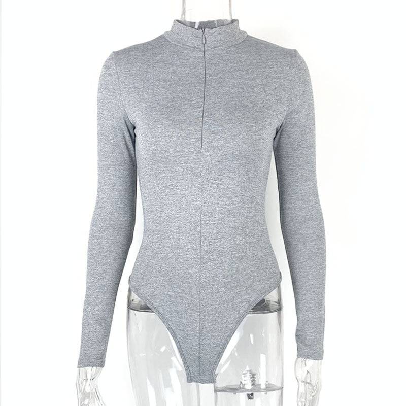 Zippered Long Sleeve Bodysuit for Women - Perfect for Autumn/Winter  L Gray 