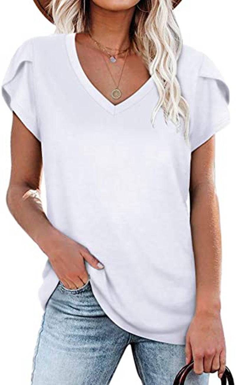 Women's Summer V-Neck Cotton T-Shirt  S White 