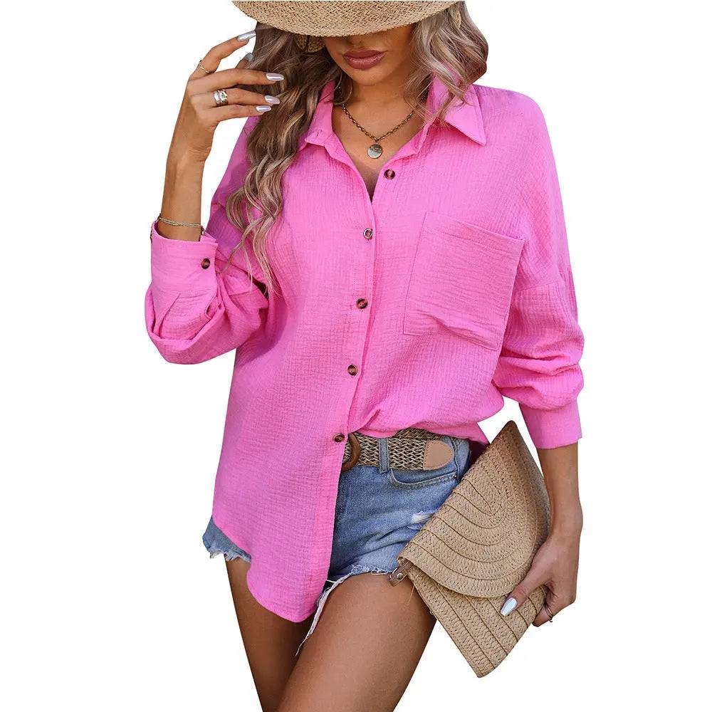 Spring Summer Casual Long Sleeve Shirt with Double Layer Design  S Glittering Powder 