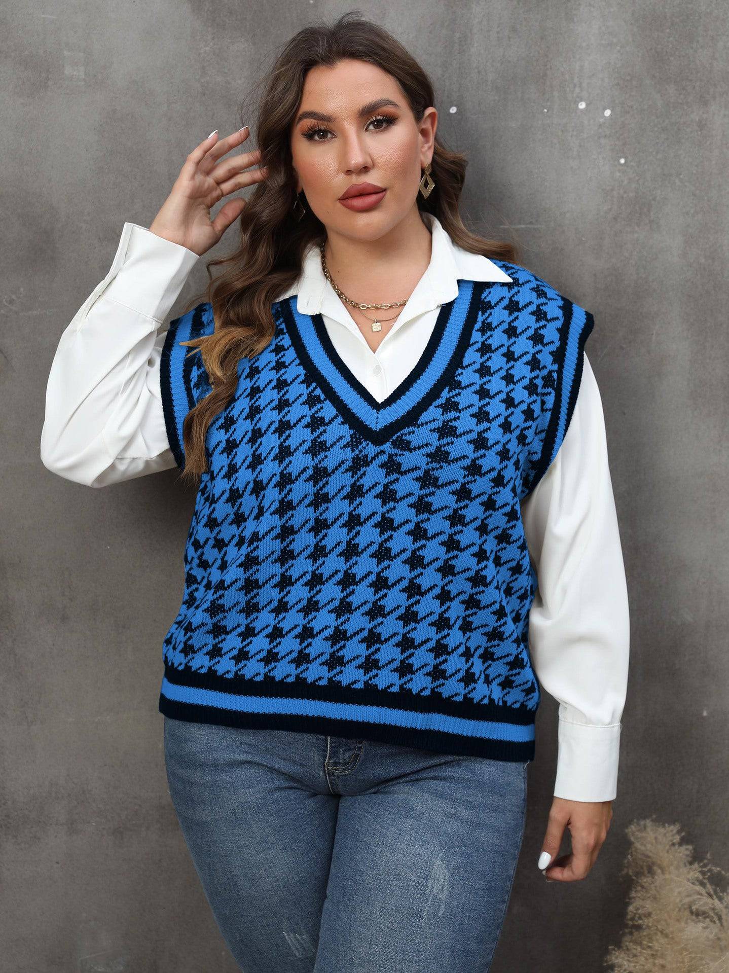 Plus Size Women Clothes Striped Color Contrast Patchwork Houndstooth Casual Vest Vest Top - Wild Amber Fashion