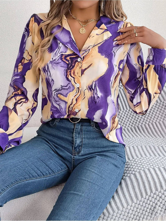 Casual Striped Collar Long Sleeve Shirt for Women  S Purple 