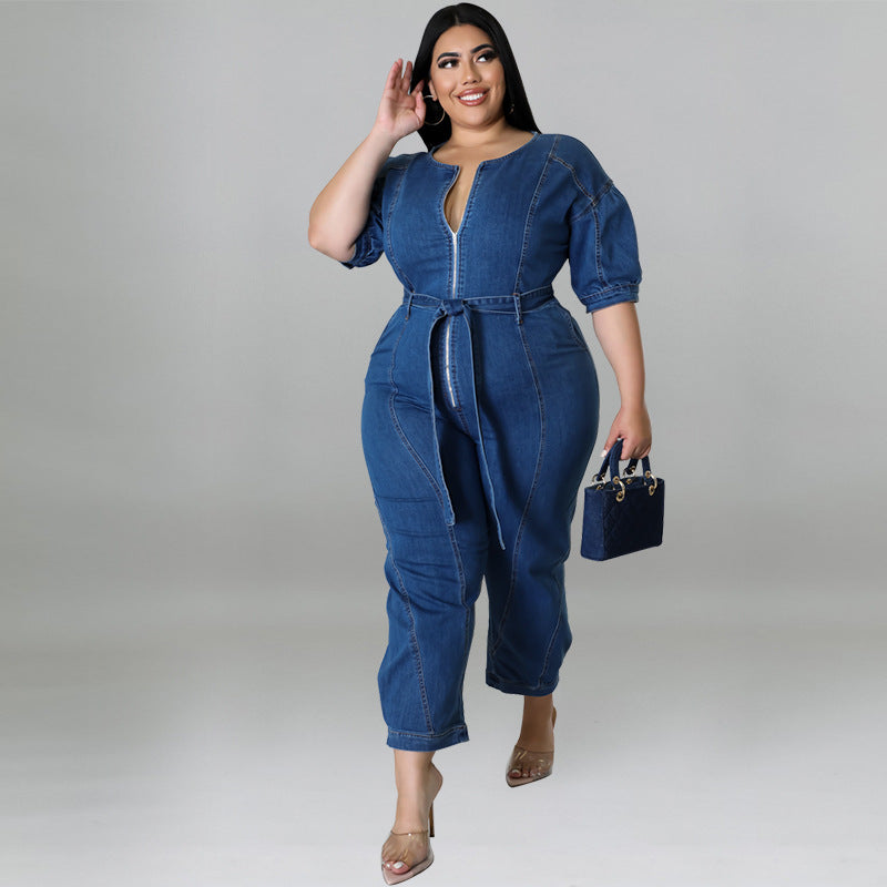 Plus Size Women Clothing Summer Short Sleeve Zipper Wash Denim Jumpsuit - Wild Amber Fashion